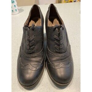 Joyce Women’s Black Leather Wingtip Brogue Lace-Up Oxford Heels Sz 9